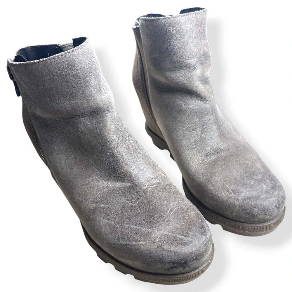 Sorel Joan of Arctic Wedge II‎ Leather Grey Ankle Boot Gorpcore Women Size 8.5